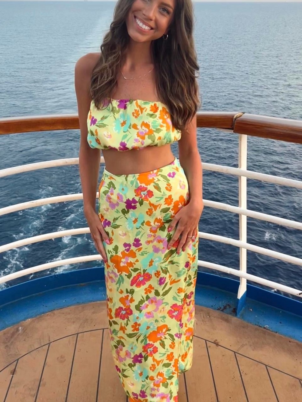 Floral Strapless Maxi Skirt Set in Pastel Yellow
